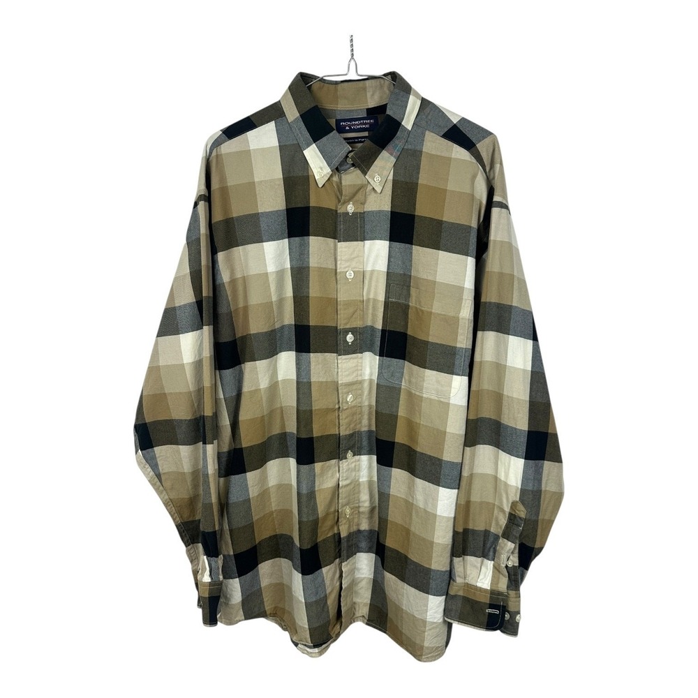Roundtree & Yorke Men's XL Plaid Button Down Shirt Tan Brown 100% Cotton